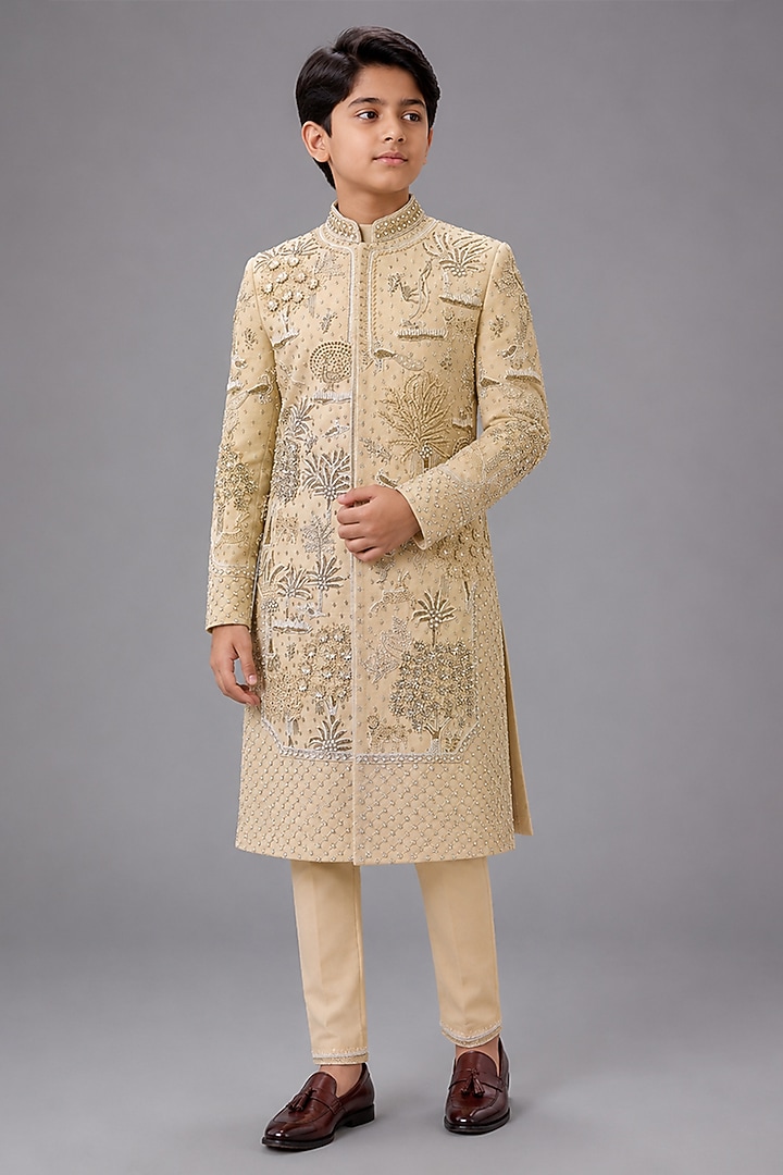 Beige Matka Silk Sherwani Set For Boys by Sahil Kochhar Kids at Pernia's Pop Up Shop