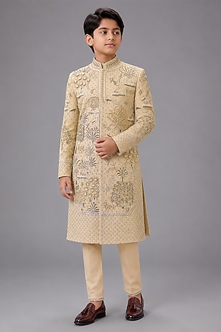 Beige Matka Silk Sherwani Set For Boys by Sahil Kochhar Kids