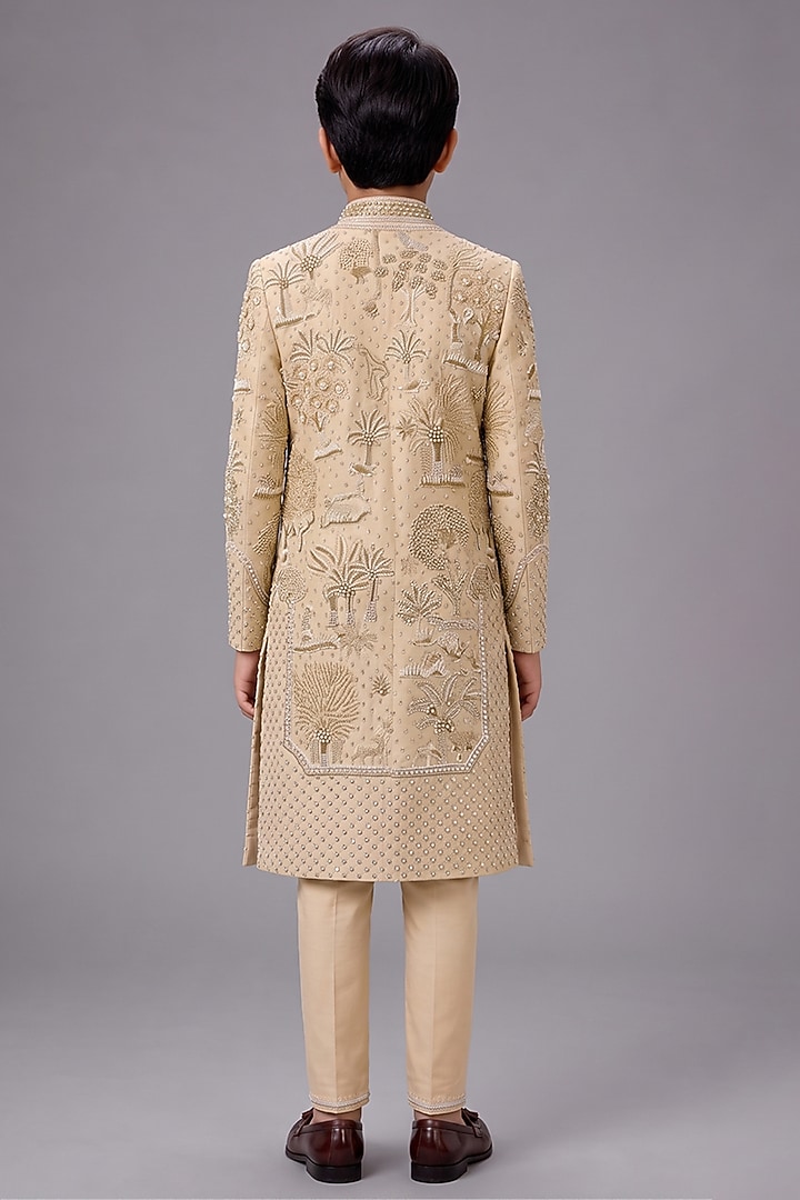 Beige Matka Silk Sherwani Set For Boys by Sahil Kochhar Kids at Pernia's Pop Up Shop