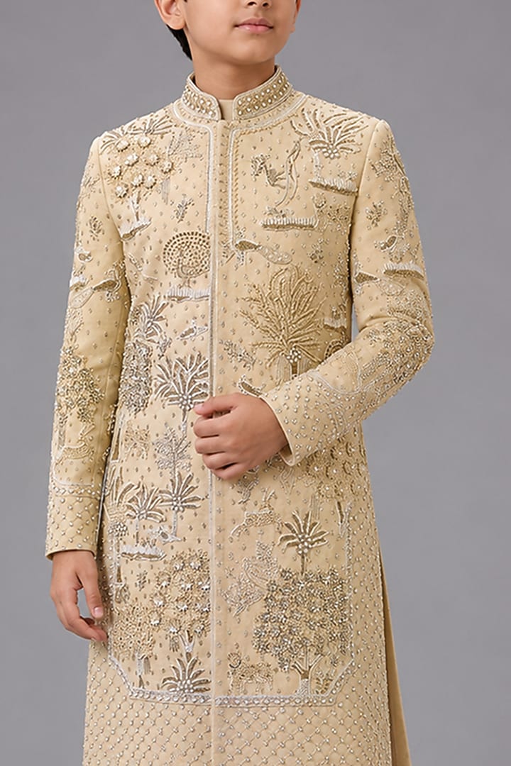 Beige Matka Silk Sherwani Set For Boys by Sahil Kochhar Kids at Pernia's Pop Up Shop