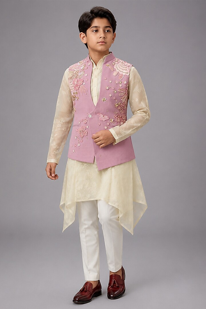 Peach Matka Silk Bundi Jacket For Boys by Sahil Kochhar Kids at Pernia's Pop Up Shop