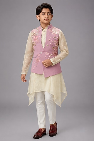 Peach Matka Silk Bundi Jacket For Boys by Sahil Kochhar Kids