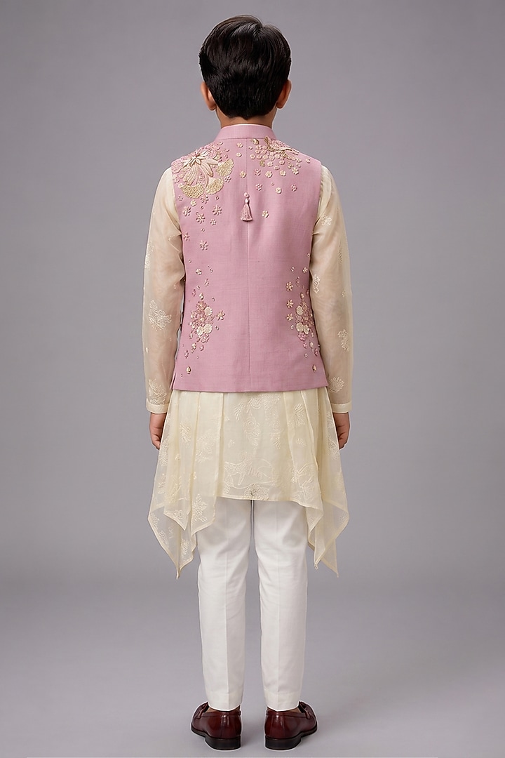 Peach Matka Silk Bundi Jacket For Boys by Sahil Kochhar Kids at Pernia's Pop Up Shop
