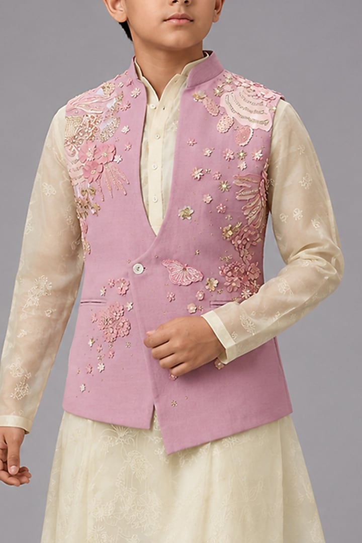 Peach Matka Silk Bundi Jacket For Boys by Sahil Kochhar Kids at Pernia's Pop Up Shop