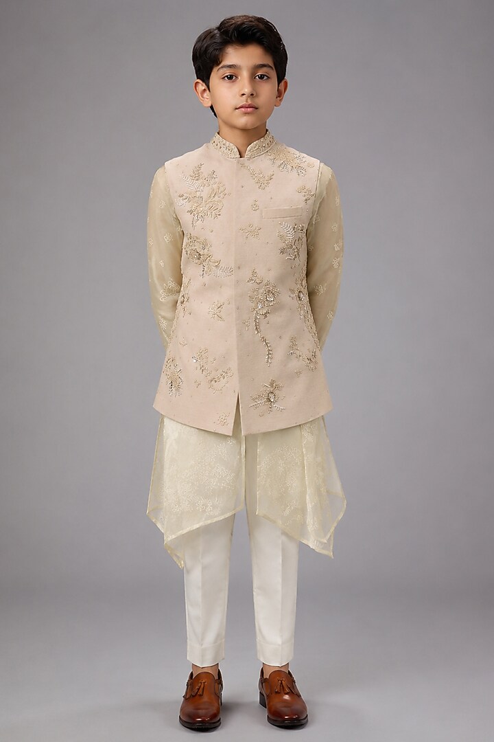 Beige Matka Silk Bundi Jacket For Boys by Sahil Kochhar Kids at Pernia's Pop Up Shop
