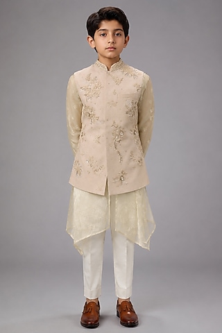 Beige Matka Silk Bundi Jacket For Boys by Sahil Kochhar Kids
