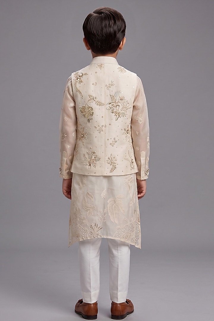 Beige Matka Silk Bundi Jacket For Boys by Sahil Kochhar Kids at Pernia's Pop Up Shop