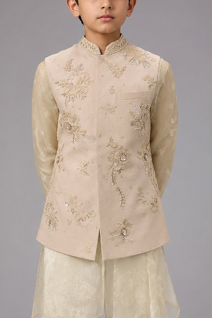 Beige Matka Silk Bundi Jacket For Boys by Sahil Kochhar Kids at Pernia's Pop Up Shop