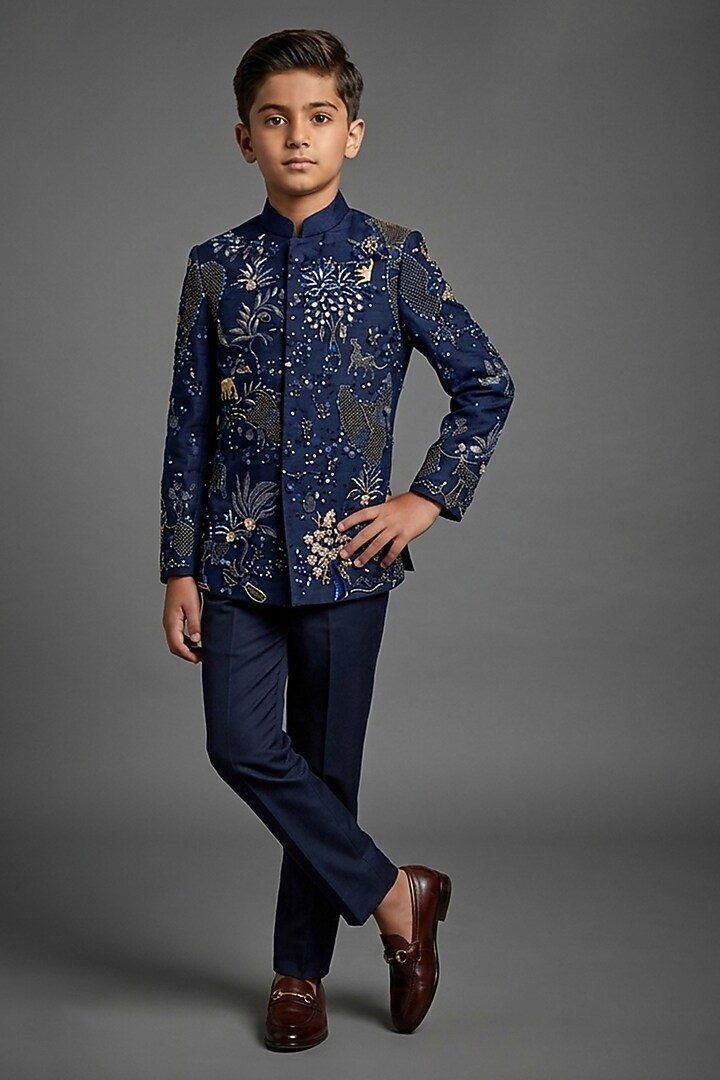 Navy Matka Silk Bandhgala Set For Boys by Sahil Kochhar Kids at Pernia's Pop Up Shop