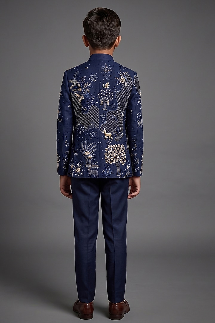 Navy Matka Silk Bandhgala Set For Boys by Sahil Kochhar Kids at Pernia's Pop Up Shop