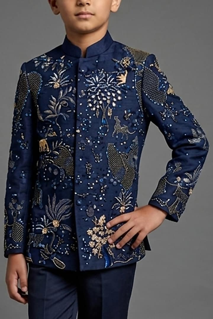 Navy Matka Silk Bandhgala Set For Boys by Sahil Kochhar Kids at Pernia's Pop Up Shop