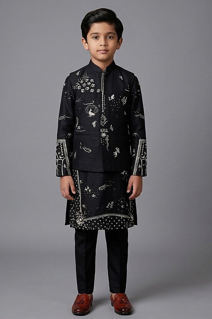 Black Matka Silk Bundi Jacket For Boys by Sahil Kochhar Kids at Pernia's Pop Up Shop