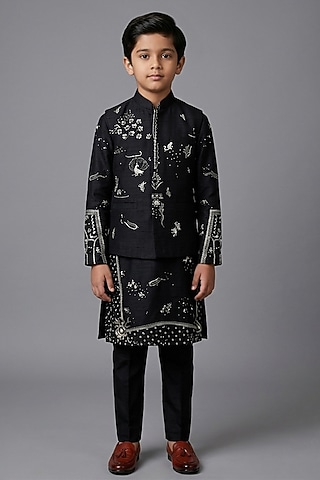 Black Matka Silk Bundi Jacket For Boys by Sahil Kochhar Kids