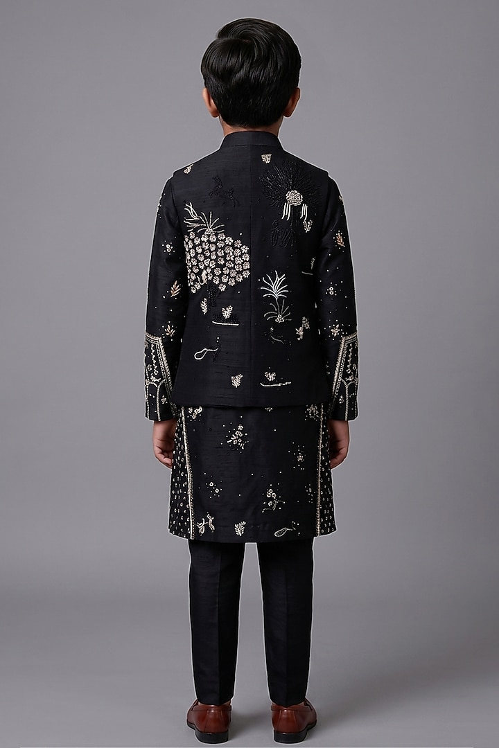 Black Matka Silk Bundi Jacket For Boys by Sahil Kochhar Kids at Pernia's Pop Up Shop