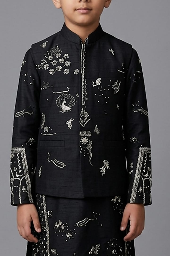 Black Matka Silk Bundi Jacket For Boys by Sahil Kochhar Kids at Pernia's Pop Up Shop