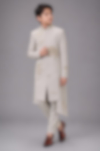 Mint Green Matka Silk Sherwani Set For Boys by Sahil Kochhar Kids at Pernia's Pop Up Shop