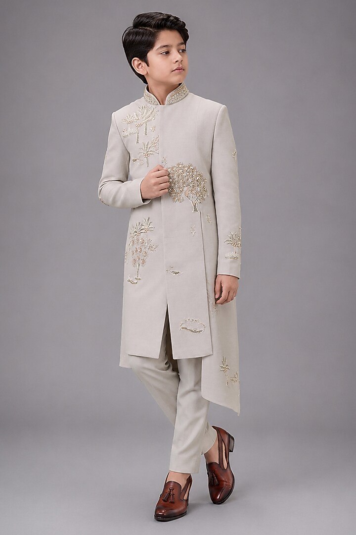 Mint Green Matka Silk Sherwani Set For Boys by Sahil Kochhar Kids at Pernia's Pop Up Shop