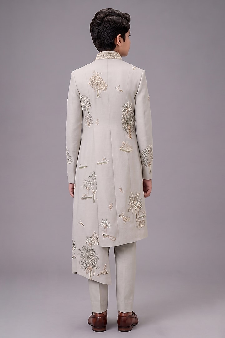 Mint Green Matka Silk Sherwani Set For Boys by Sahil Kochhar Kids at Pernia's Pop Up Shop