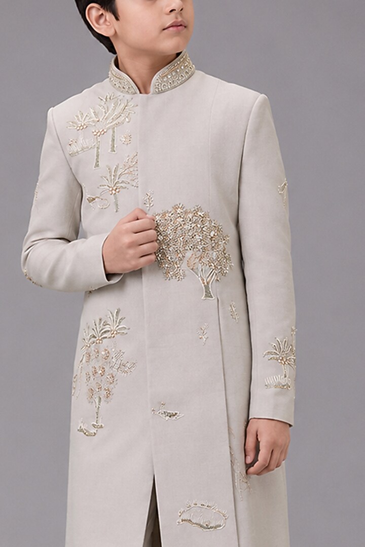 Mint Green Matka Silk Sherwani Set For Boys by Sahil Kochhar Kids at Pernia's Pop Up Shop