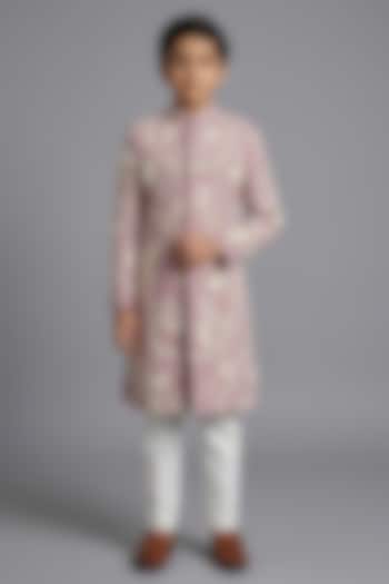 Peach Matka Silk Sherwani Set For Boys by Sahil Kochhar Kids at Pernia's Pop Up Shop