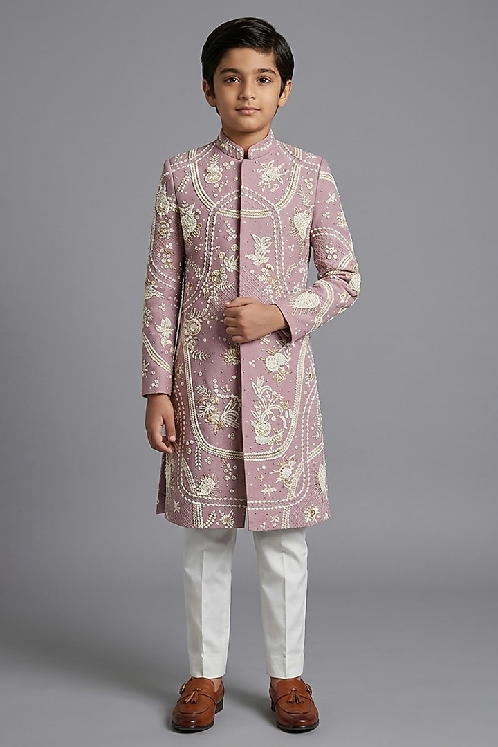 Peach Matka Silk Sherwani Set For Boys by Sahil Kochhar Kids at Pernia's Pop Up Shop