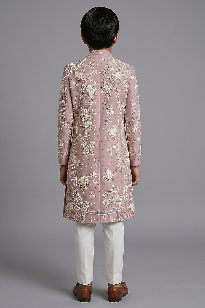 Peach Matka Silk Sherwani Set For Boys by Sahil Kochhar Kids at Pernia's Pop Up Shop