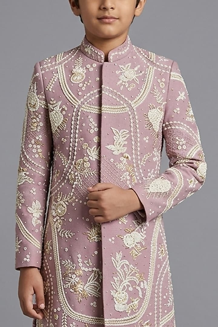 Peach Matka Silk Sherwani Set For Boys by Sahil Kochhar Kids at Pernia's Pop Up Shop