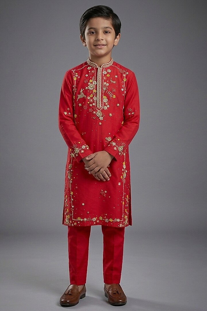 Red Silk Katan Kurta Set For Boys by Sahil Kochhar Kids at Pernia's Pop Up Shop