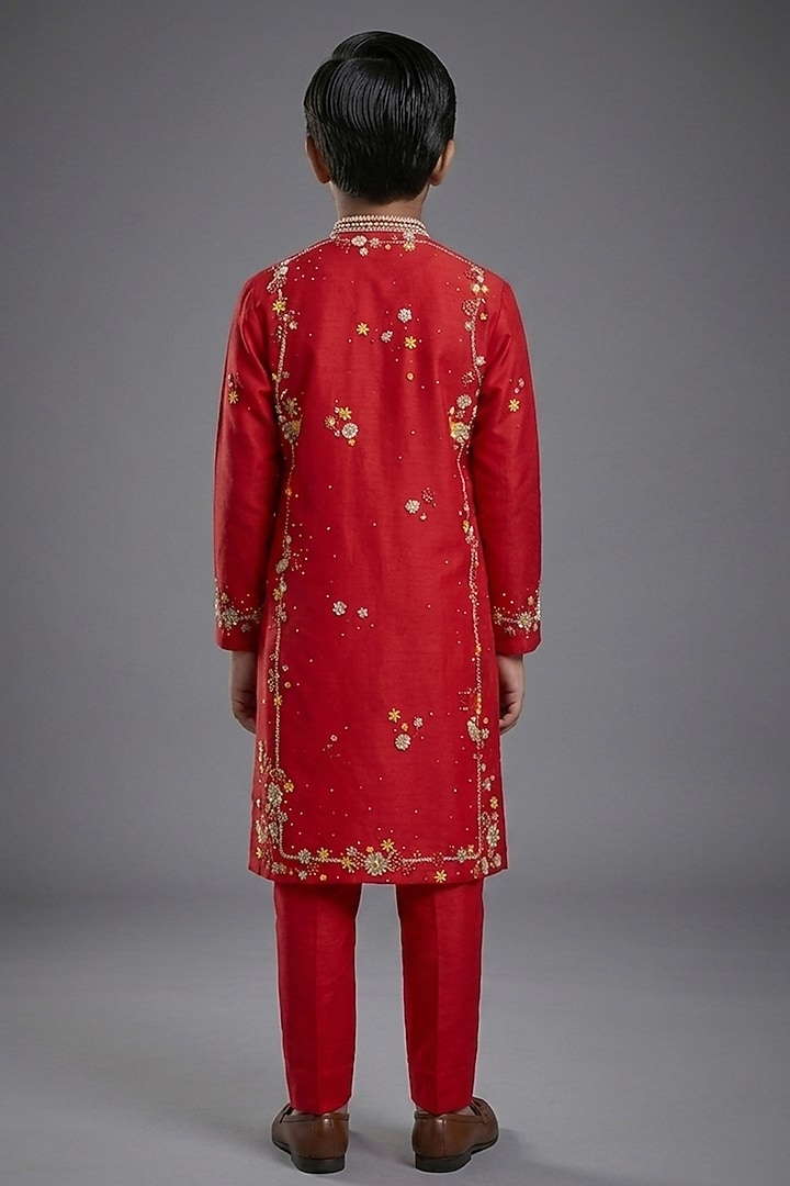 Red Silk Katan Kurta Set For Boys by Sahil Kochhar Kids at Pernia's Pop Up Shop