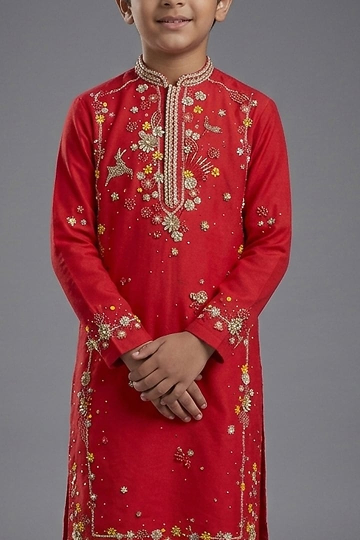 Red Silk Katan Kurta Set For Boys by Sahil Kochhar Kids at Pernia's Pop Up Shop