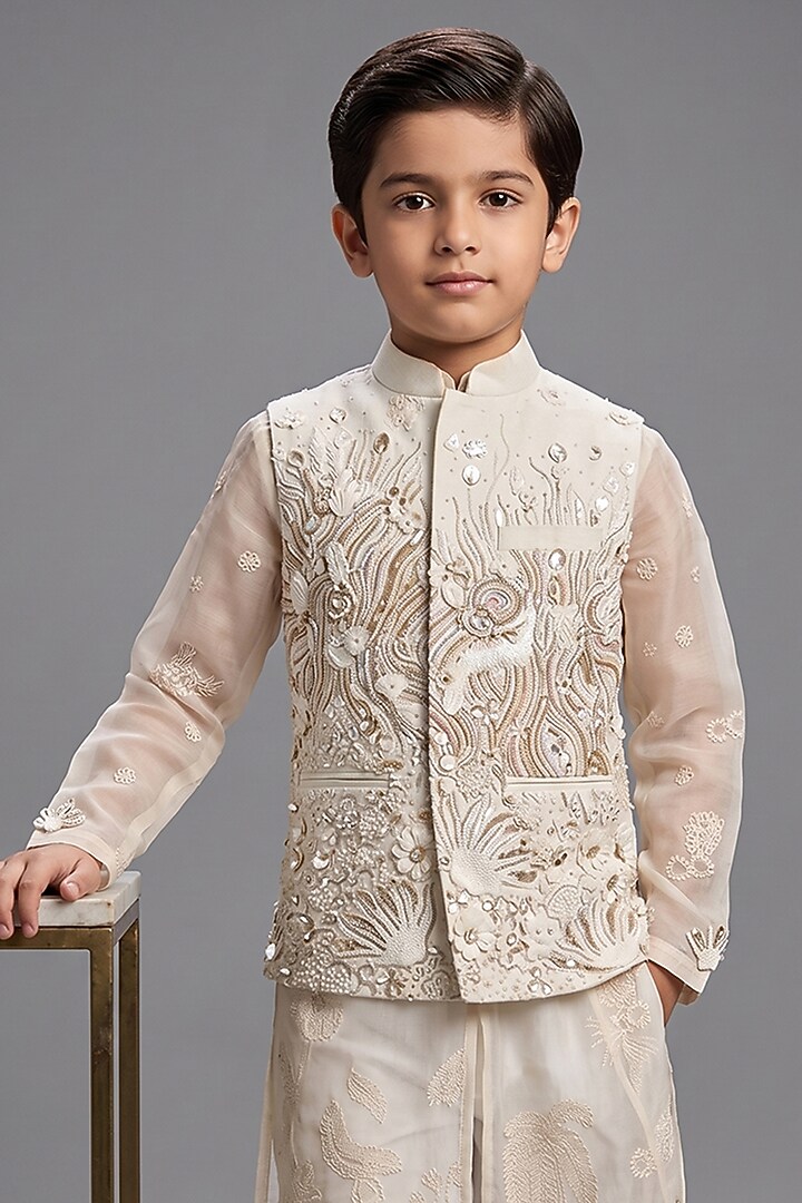 Ivory Matka Silk Bundi Jacket For Boys by Sahil Kochhar Kids at Pernia's Pop Up Shop