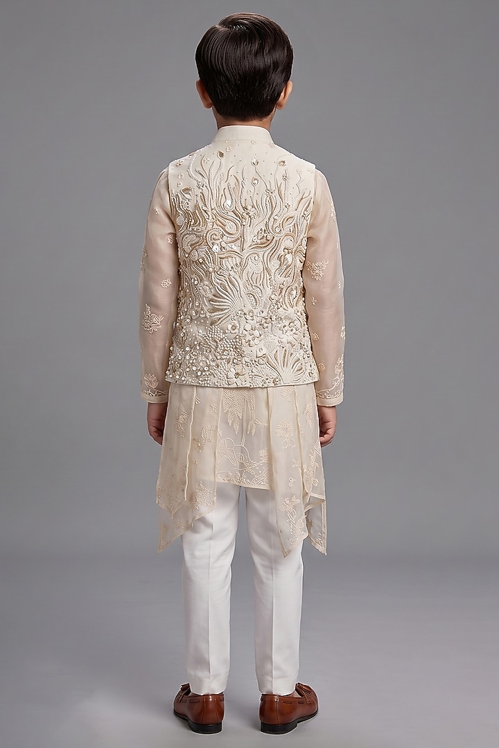 Ivory Matka Silk Bundi Jacket For Boys by Sahil Kochhar Kids at Pernia's Pop Up Shop