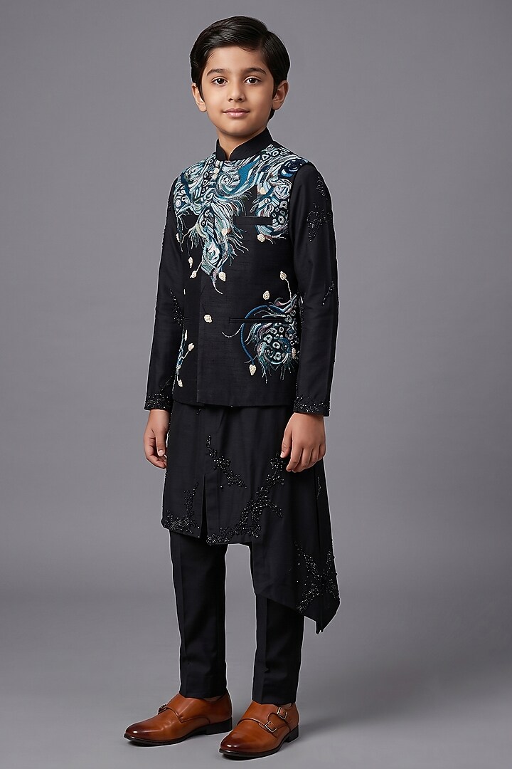 Black Matka Silk Bundi Jacket For Boys by Sahil Kochhar Kids at Pernia's Pop Up Shop