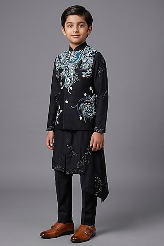 Black Matka Silk Bundi Jacket For Boys by Sahil Kochhar Kids