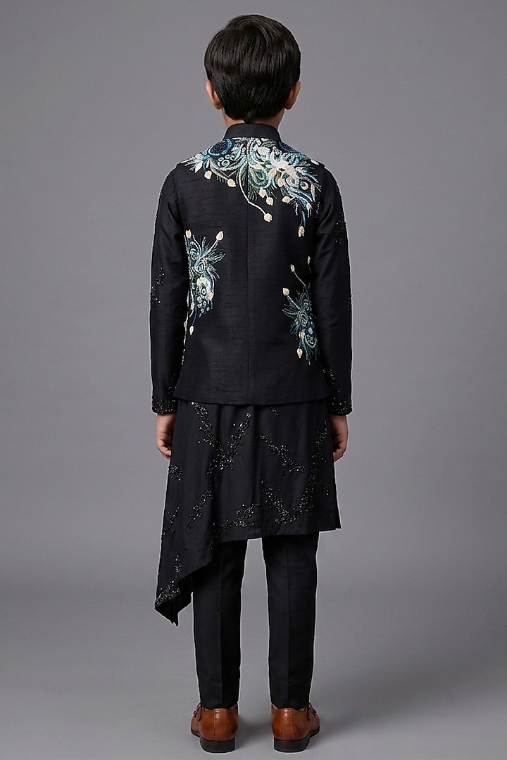 Black Matka Silk Bundi Jacket For Boys by Sahil Kochhar Kids at Pernia's Pop Up Shop