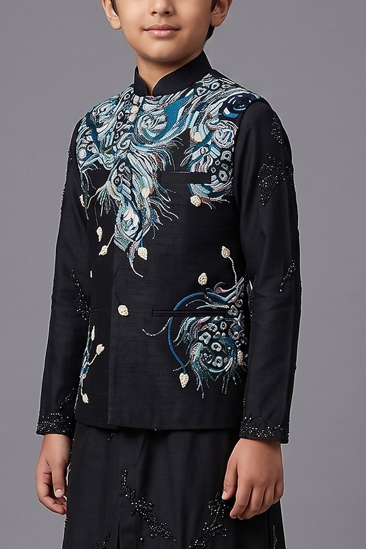 Black Matka Silk Bundi Jacket For Boys by Sahil Kochhar Kids at Pernia's Pop Up Shop