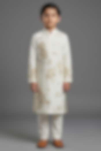 Ivory Silk Katan Kurta Set For Boys by Sahil Kochhar Kids at Pernia's Pop Up Shop