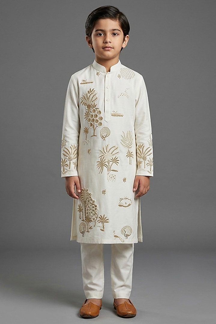 Ivory Silk Katan Kurta Set For Boys by Sahil Kochhar Kids at Pernia's Pop Up Shop