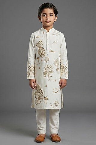 Ivory Silk Katan Kurta Set For Boys by Sahil Kochhar Kids
