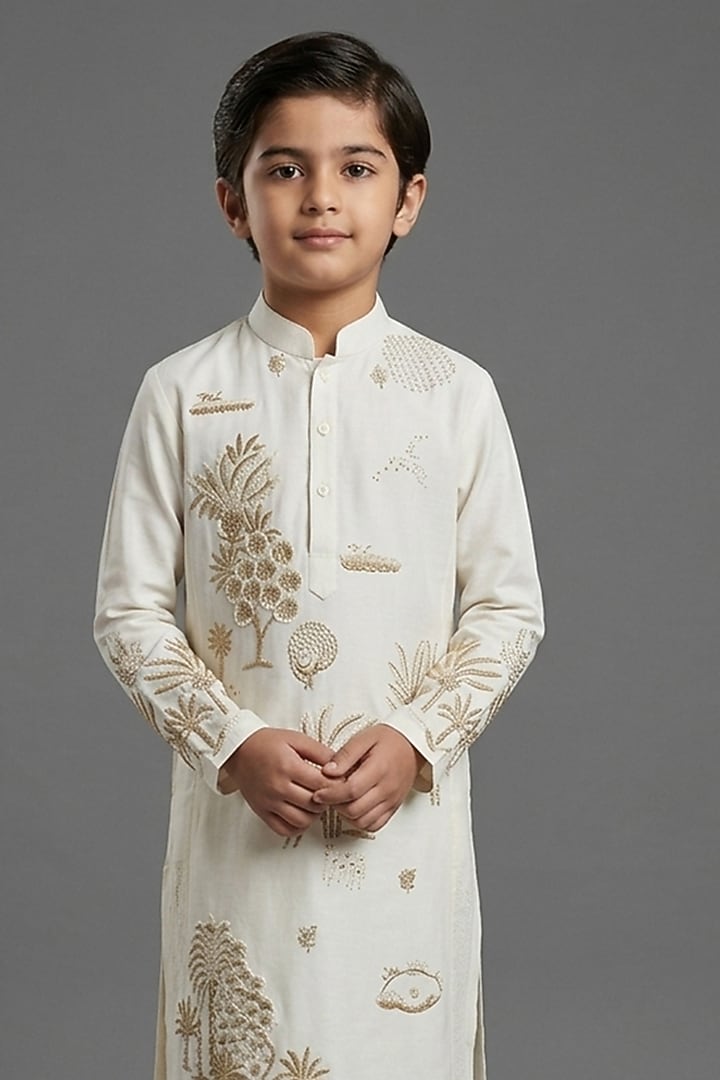 Ivory Silk Katan Kurta Set For Boys by Sahil Kochhar Kids at Pernia's Pop Up Shop