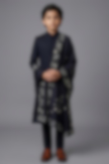 Black Matka Silk Sherwani Set For Boys by Sahil Kochhar Kids at Pernia's Pop Up Shop