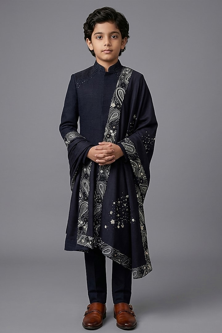 Black Matka Silk Sherwani Set For Boys by Sahil Kochhar Kids at Pernia's Pop Up Shop