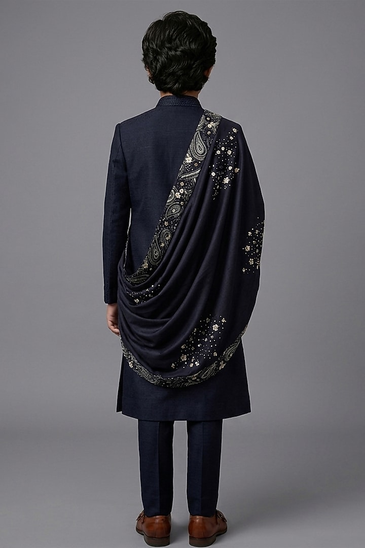 Black Matka Silk Sherwani Set For Boys by Sahil Kochhar Kids at Pernia's Pop Up Shop