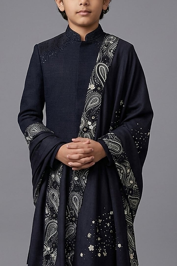 Black Matka Silk Sherwani Set For Boys by Sahil Kochhar Kids at Pernia's Pop Up Shop