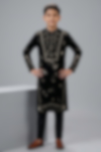 Black Silk Katan Kurta Set For Boys by Sahil Kochhar Kids at Pernia's Pop Up Shop