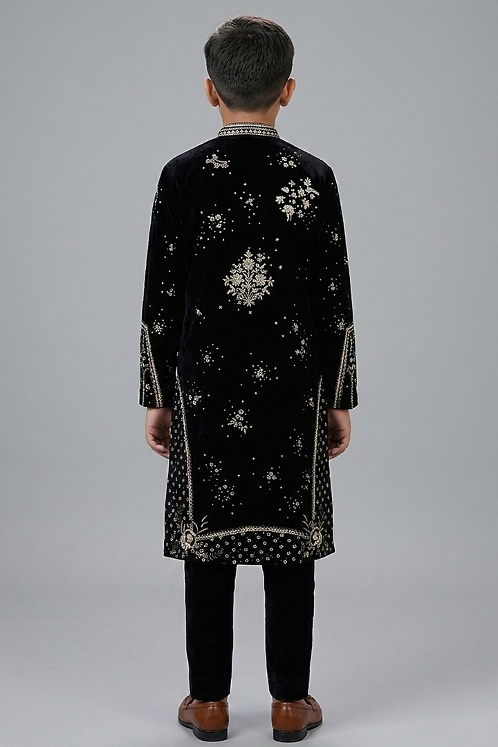 Black Silk Katan Kurta Set For Boys by Sahil Kochhar Kids at Pernia's Pop Up Shop
