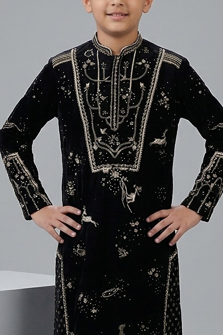 Black Silk Katan Kurta Set For Boys by Sahil Kochhar Kids at Pernia's Pop Up Shop