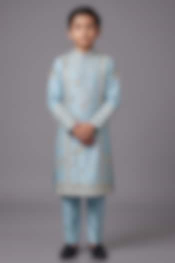 Wax Blue Silk Katan Kurta Set For Boys by Sahil Kochhar Kids at Pernia's Pop Up Shop