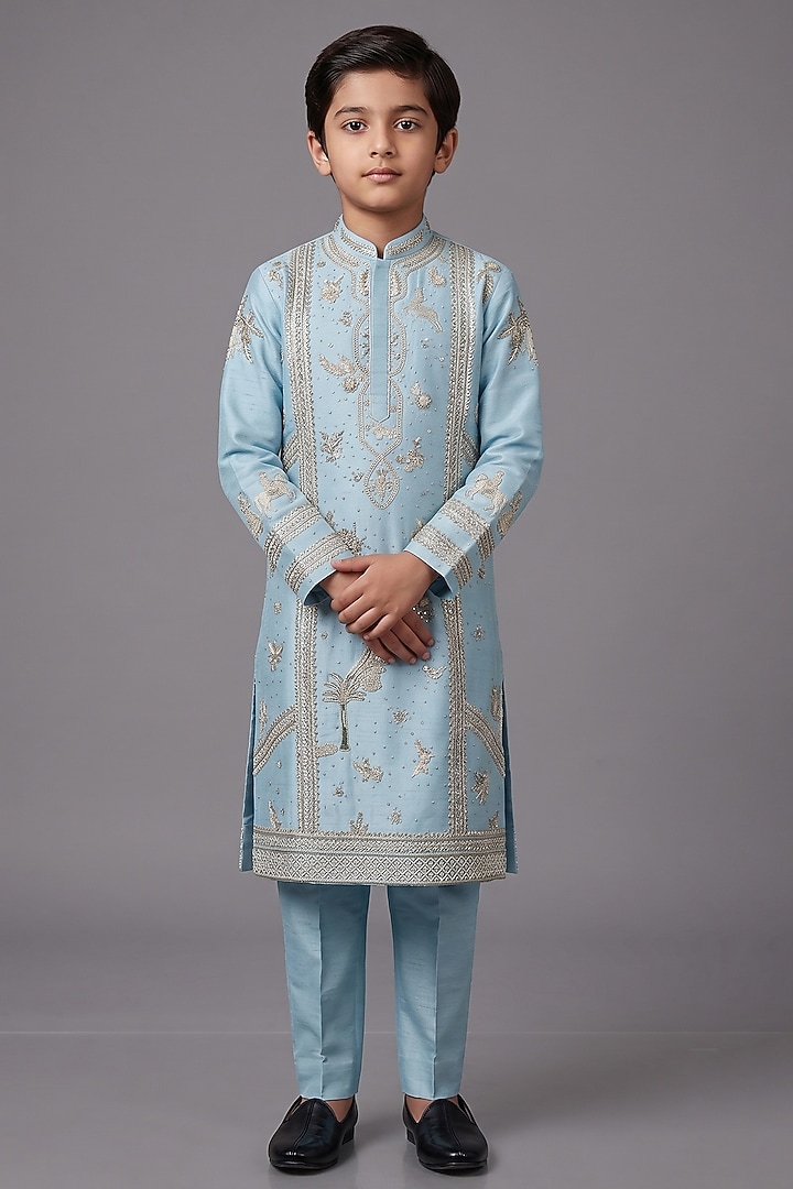 Wax Blue Silk Katan Kurta Set For Boys by Sahil Kochhar Kids at Pernia's Pop Up Shop