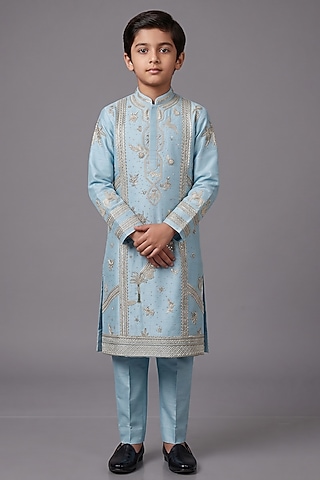 Wax Blue Silk Katan Kurta Set For Boys by Sahil Kochhar Kids